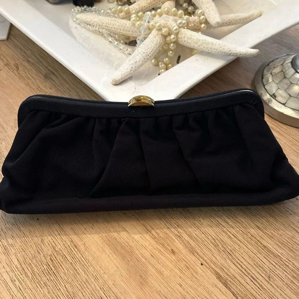 vintage Black clutch with navy lining gold hardware